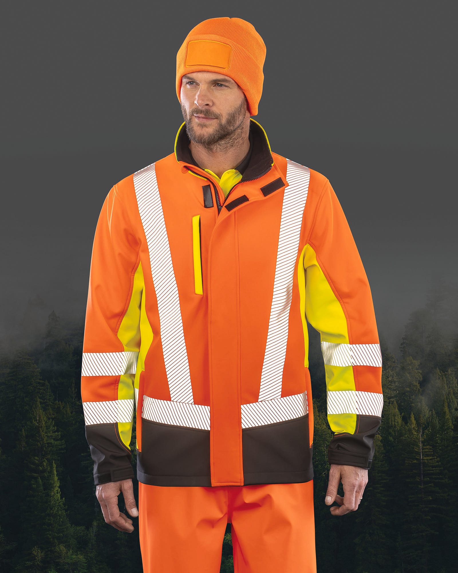 R506X VESTE SOFTSHELL DE SECURITE RECYCLE 3 COUCHES RESULT-FLUORESCENT-YELLOW-ORANGE-BLACK