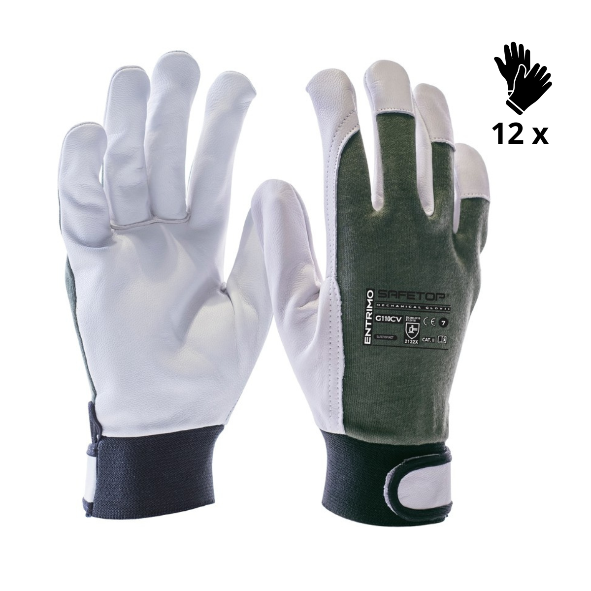X12 GANTS COTON ET CUIR VERT AVEC VELCRO, ENTRIMO (1,99€/U)