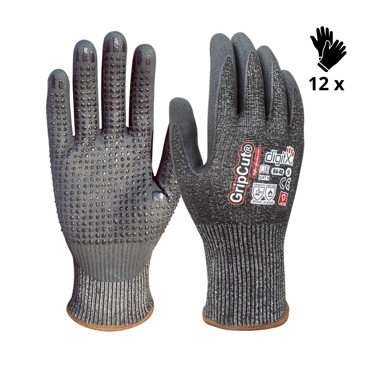 X12 GANTS ANTI-COUPURE D ET THERMIQUE, POINTS SUR LA PAUME, GRIPCUT