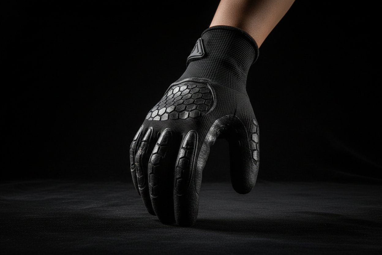 Image of photo portrait, gant anti coupure nitrile. fond noir